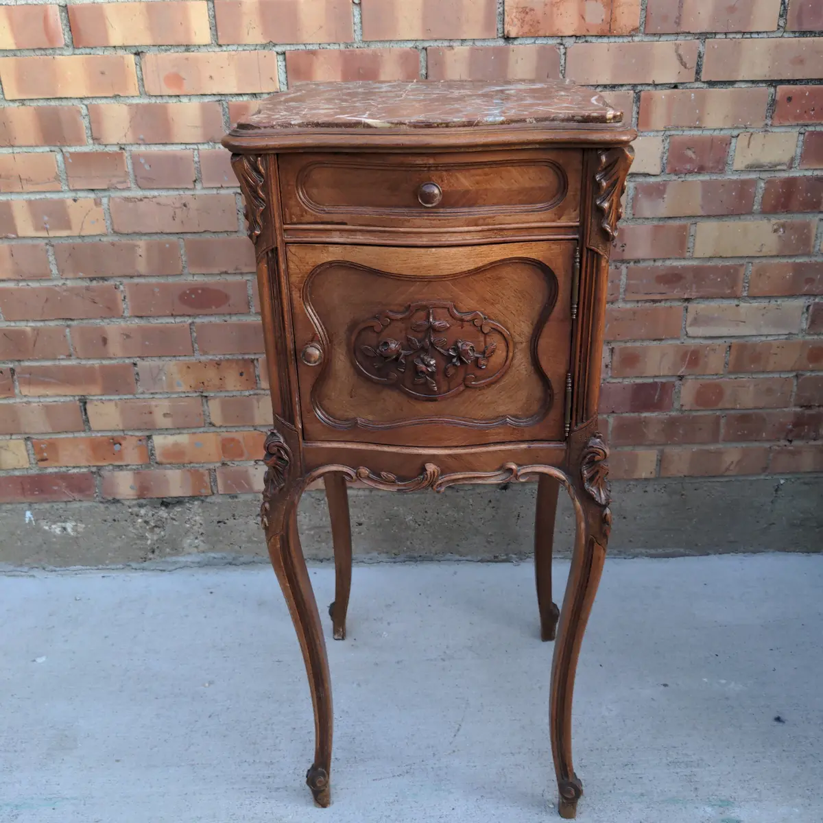 As Found Louis Xv Marble Top Walnut Side Cabinet, Marble Interior, Shaped Front & Sides 1