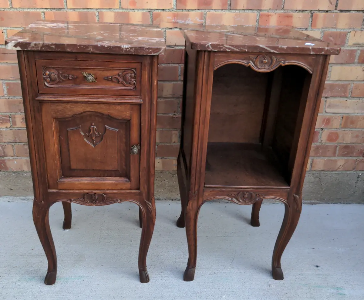 Pair Of Louis Xv Marble Top Oak Side Cabinets, With Hoof Feet 1