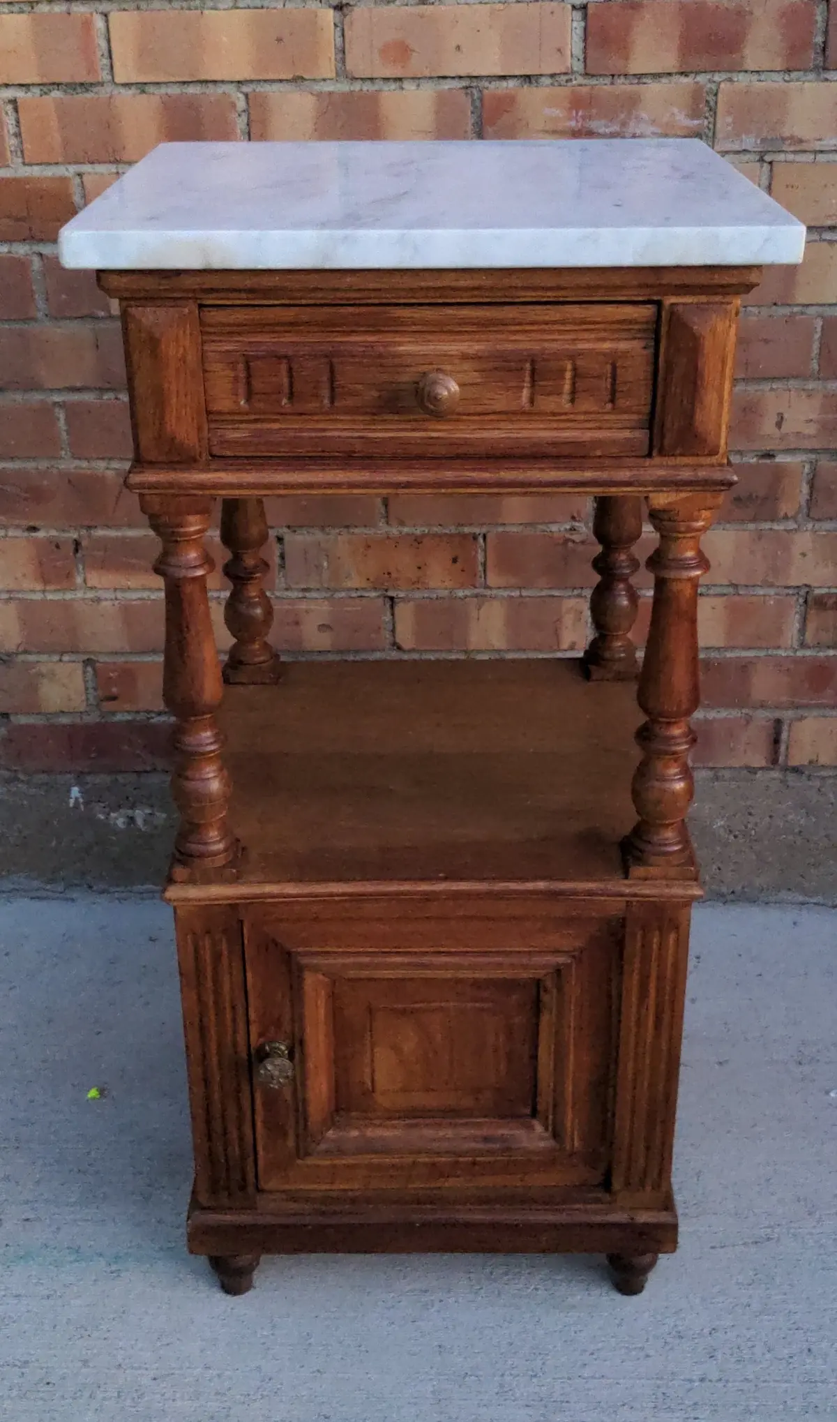 Marble Top Oak Turned Posts Side Cabinet 1