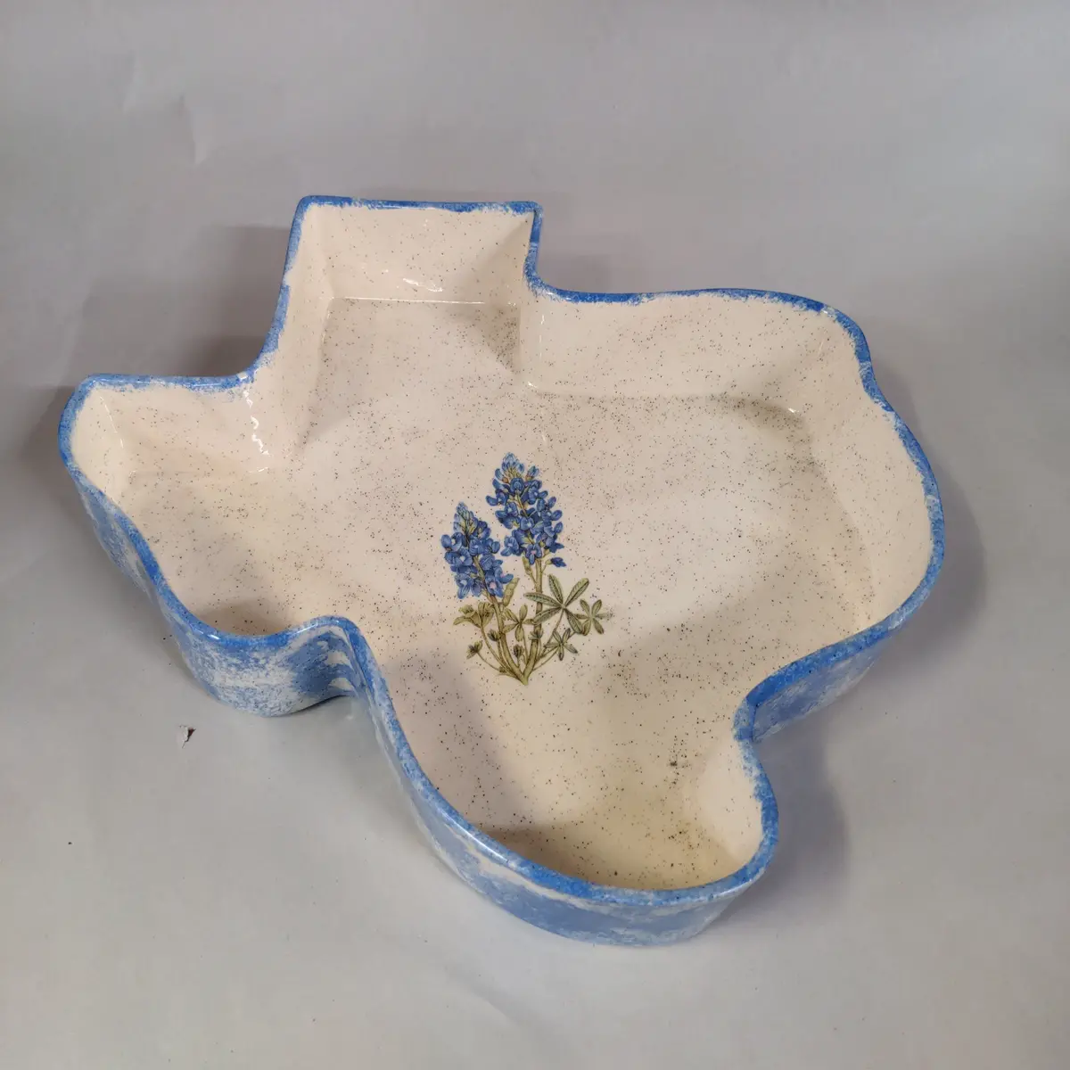 Glazed Ceramic Container, Texas Shape, Blue & White 1