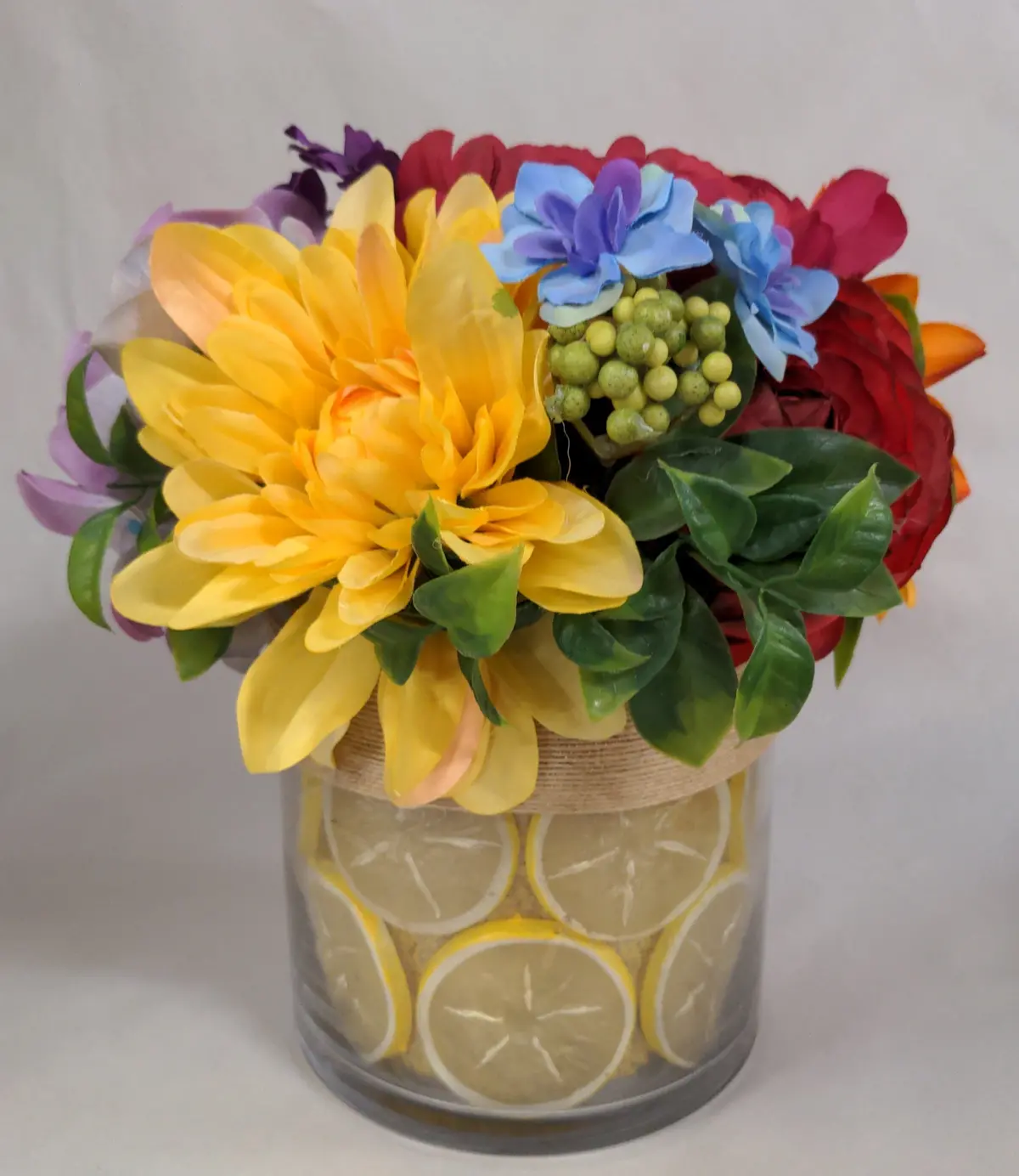 Glass Pot With Lemon Slice Motif, With Artificial Flowers 1