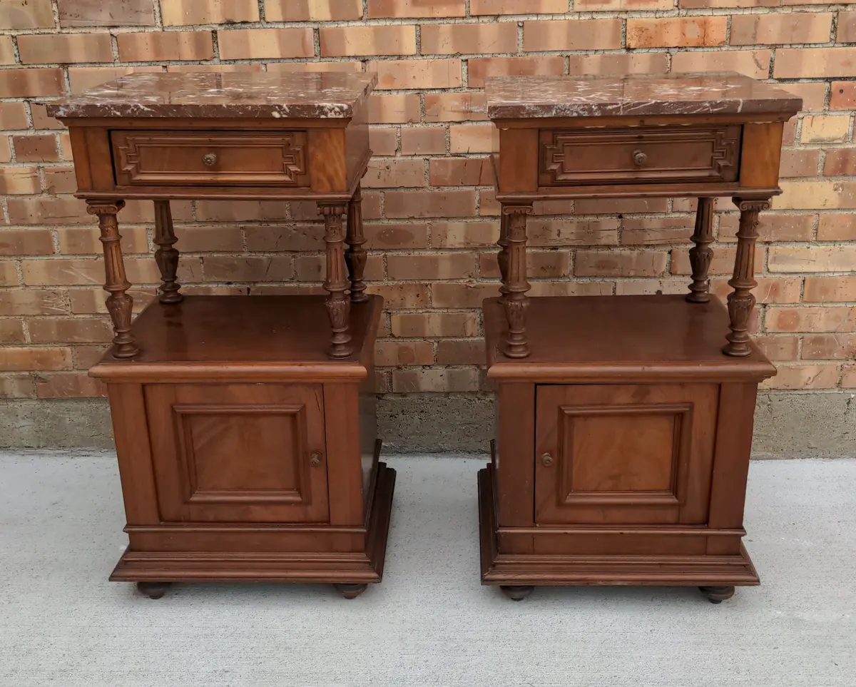 Pair Of Henri Ii Marble Top Mahogany Side Cabinets 1