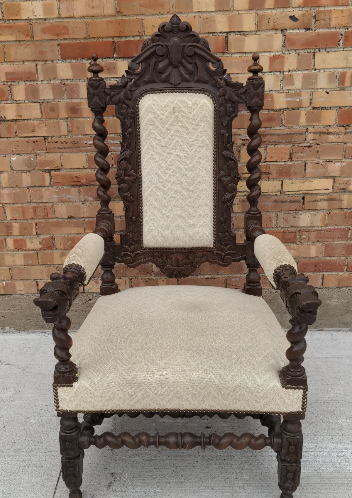 French Barley Twist Oak Armchair With White Upholstery And Shield Crown 1