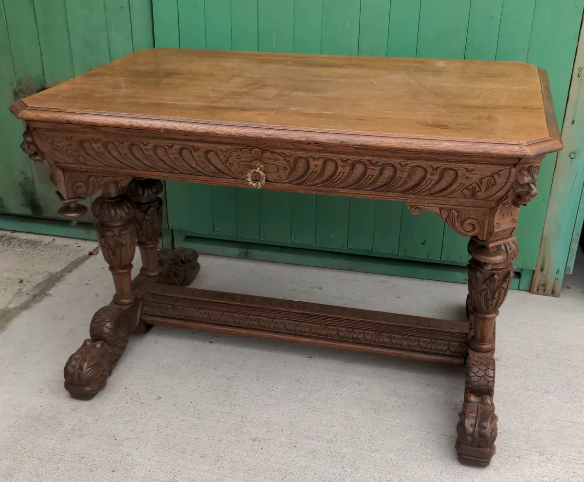 Small French Oak Dolphin Footed Table,With Lion Heads & Drop Finials 1