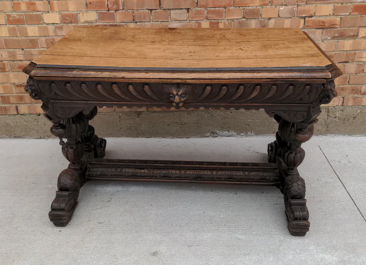 Restored French Dark Oak Dolphin Footed Table,With Lion Heads & Drop Finials 1