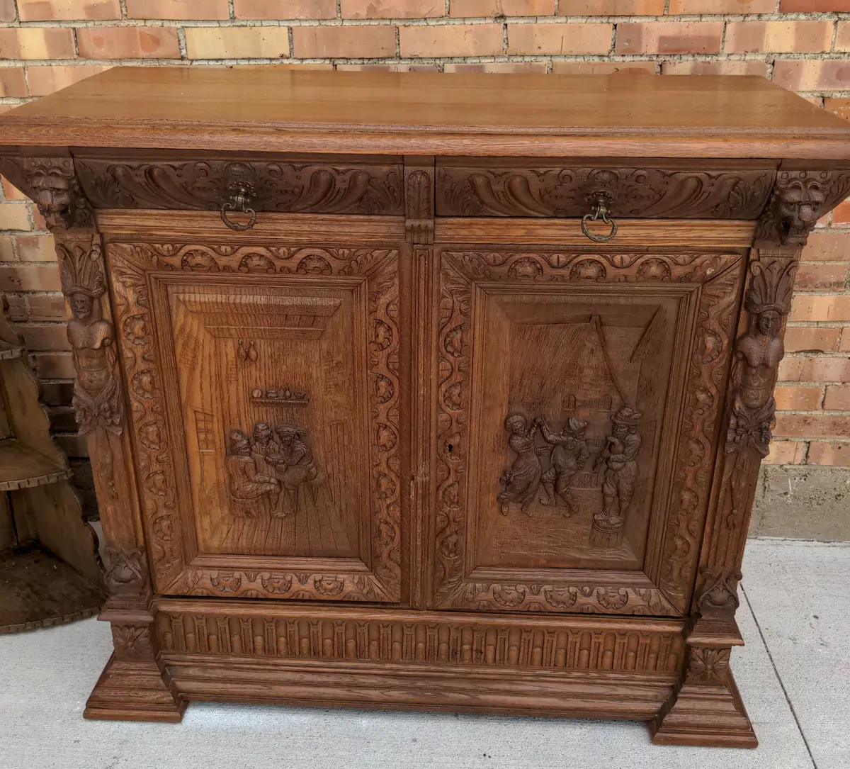Figural Carved 2 Door  Oak Server With Lion Heads 1