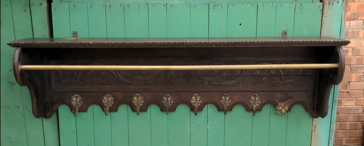 French Acanthus Carved Oak Wall Shelf With Brass Bar 1