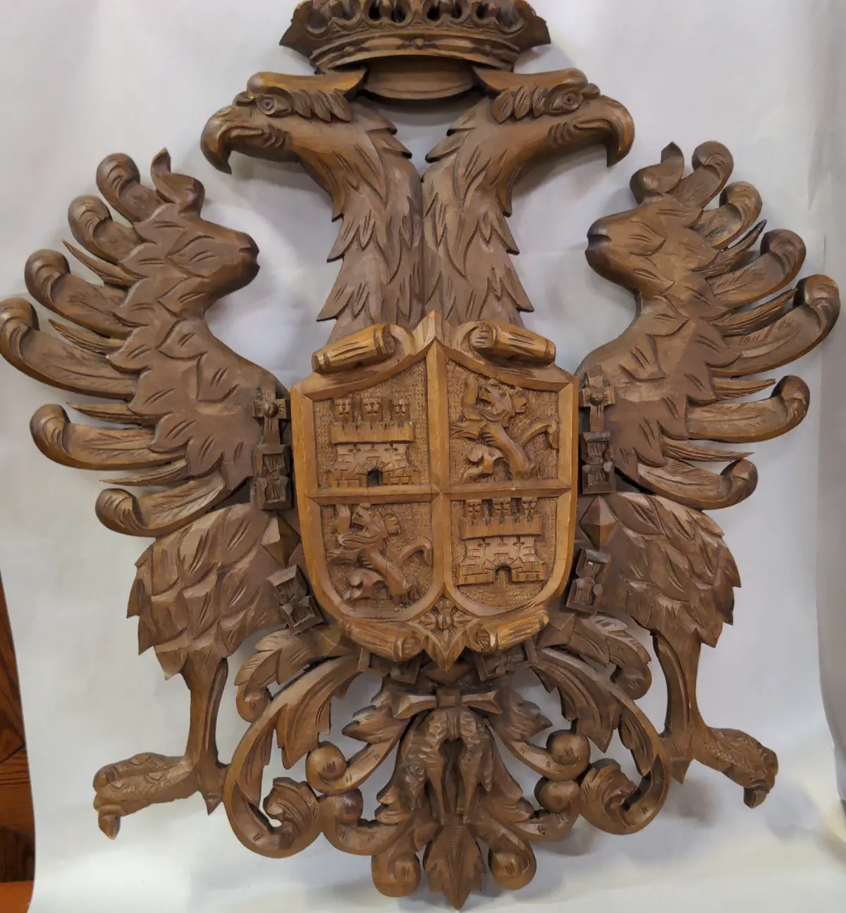 Carved Oak Double Headed Eagle  Plaque, With  Center Shield 1