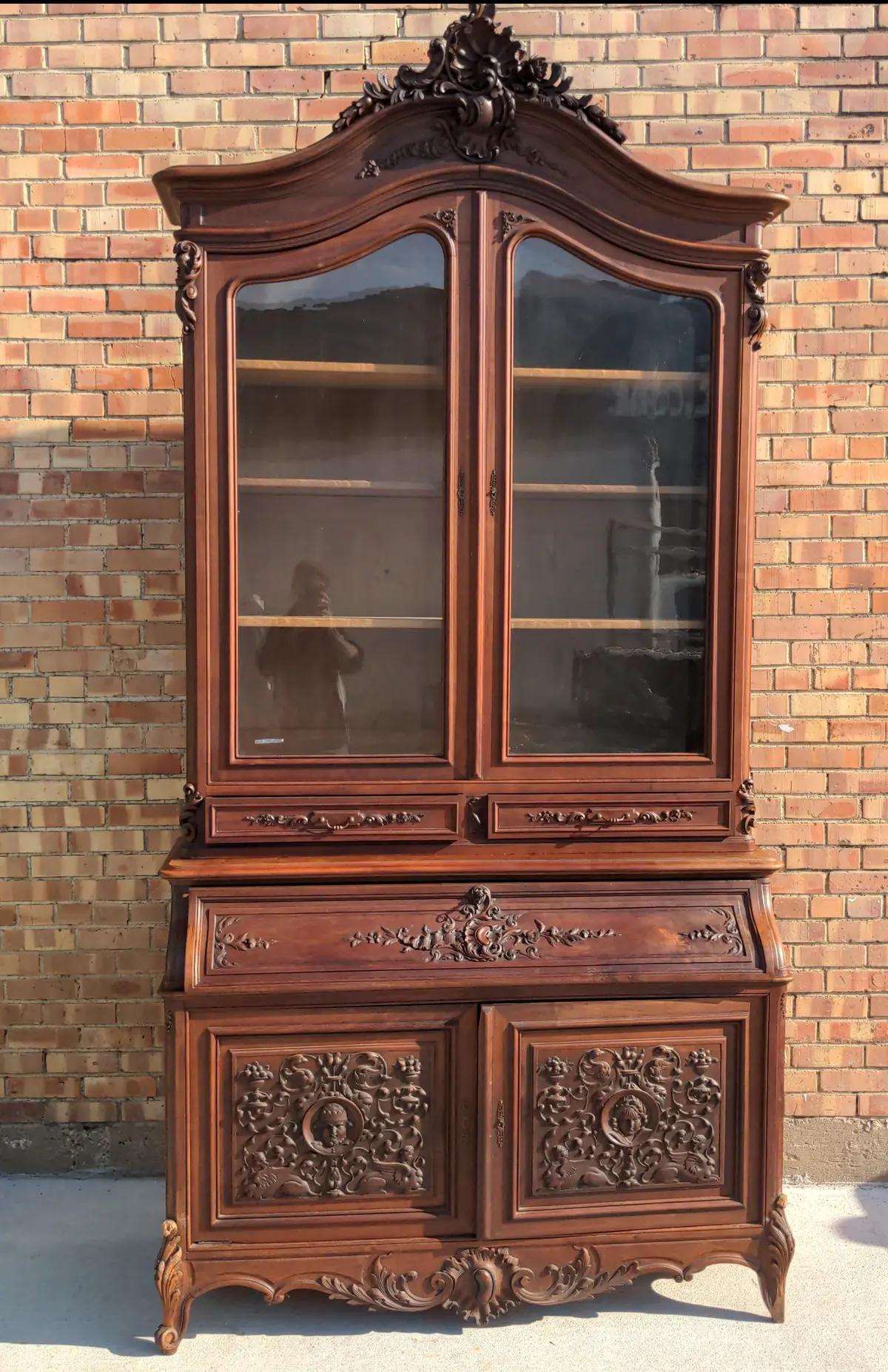 Huge Louis Xv Carved Walnut Bookcase Secretary 1