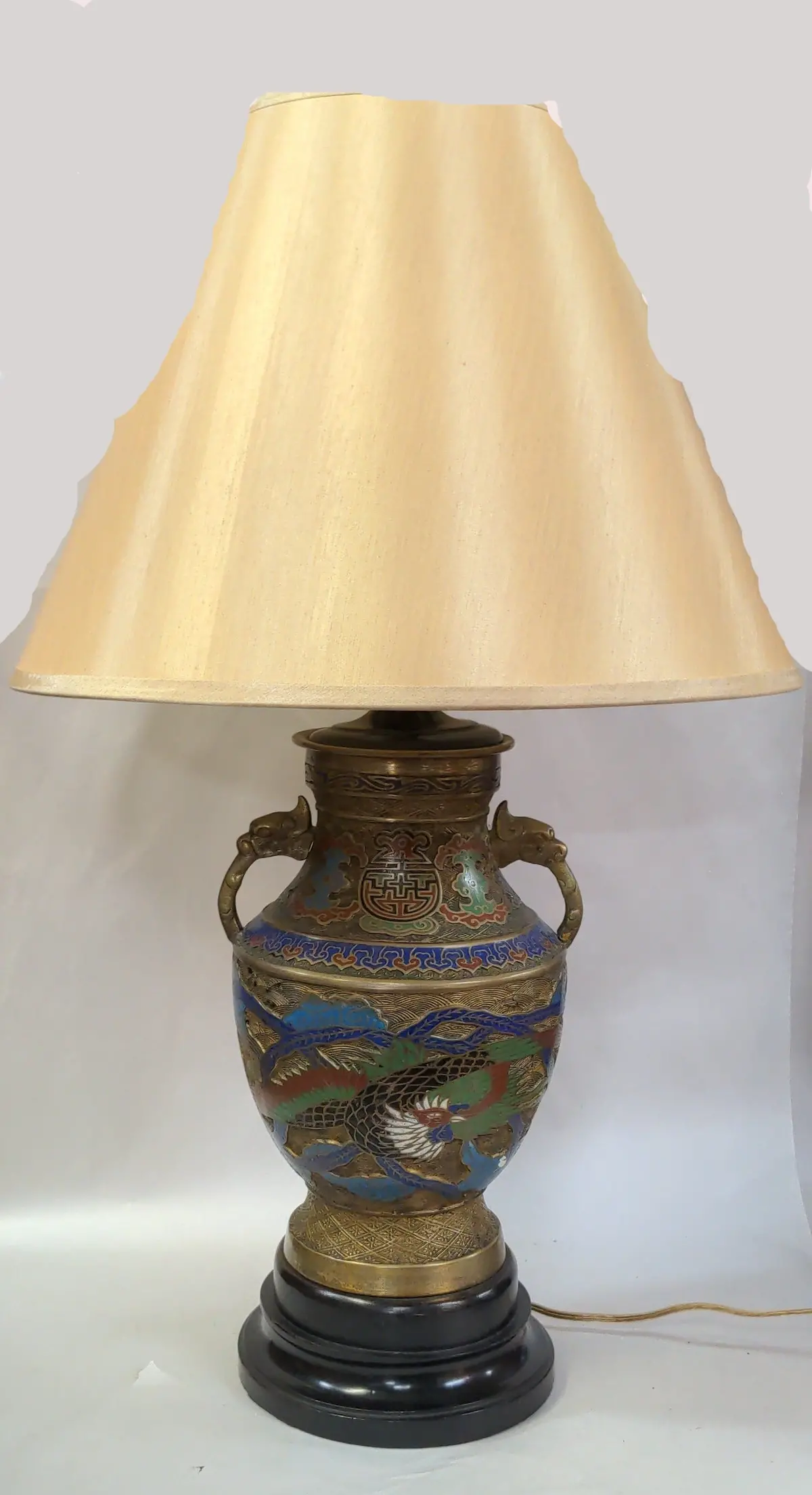 Asian Bronze Champ Leve Lamp With Bronze Handles 1