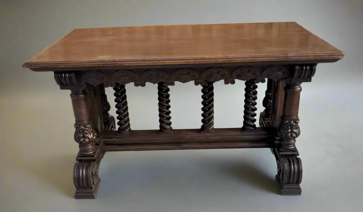 Spanish Walnut Library Table With Open Barley Twist Stretcher 1