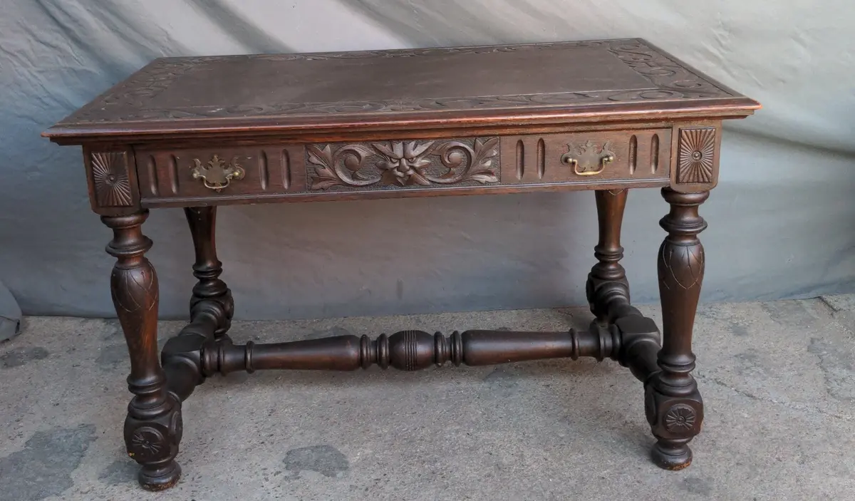 Dark Oak Library Table With Turned Legs & Carved Top 1