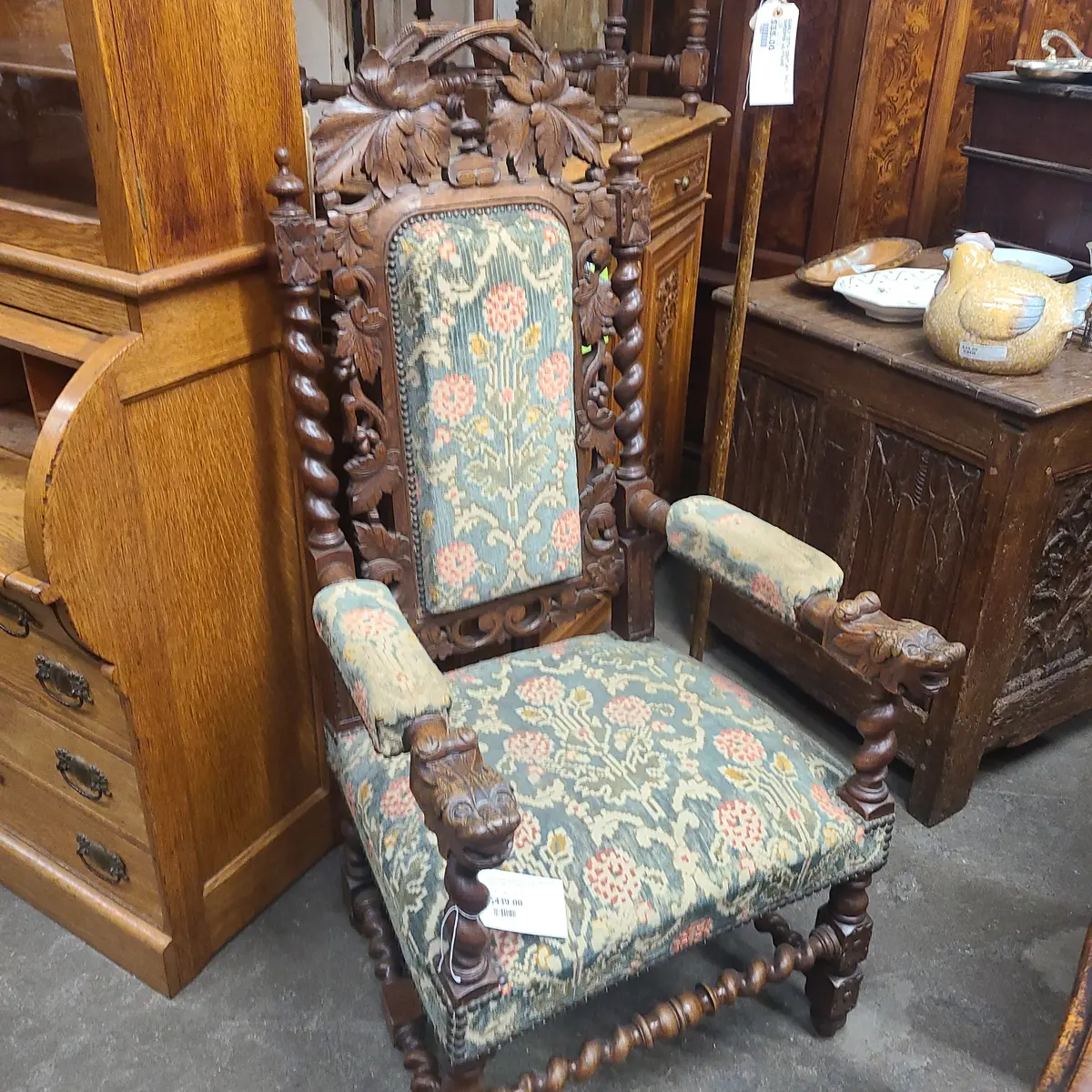 Louis Xiii Barley Twist Oak Armchair With Tapestry Upholstery 1