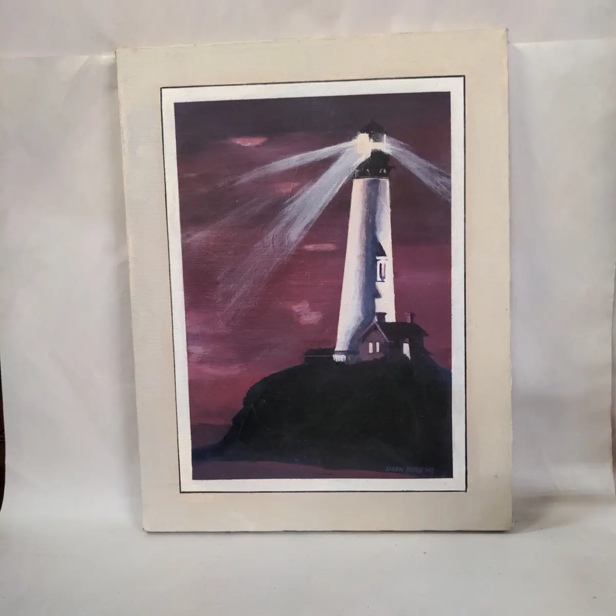 Signed Linda King Small Lighthouse Oil Painting 1