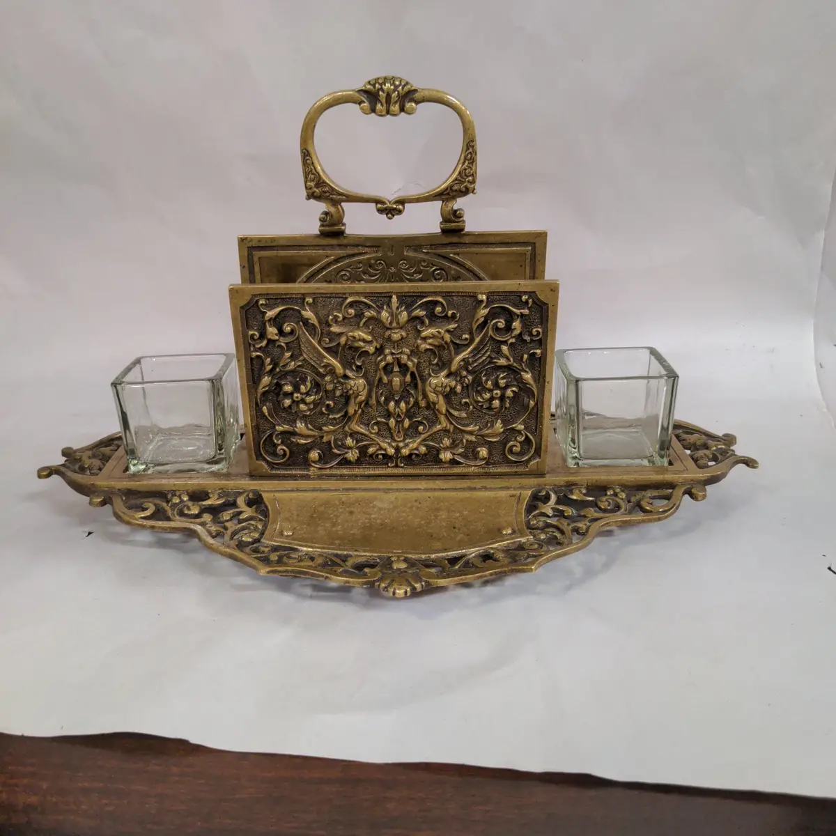 Double Sided Brass Griffin  Inkwell & Letter Holder Stand 1