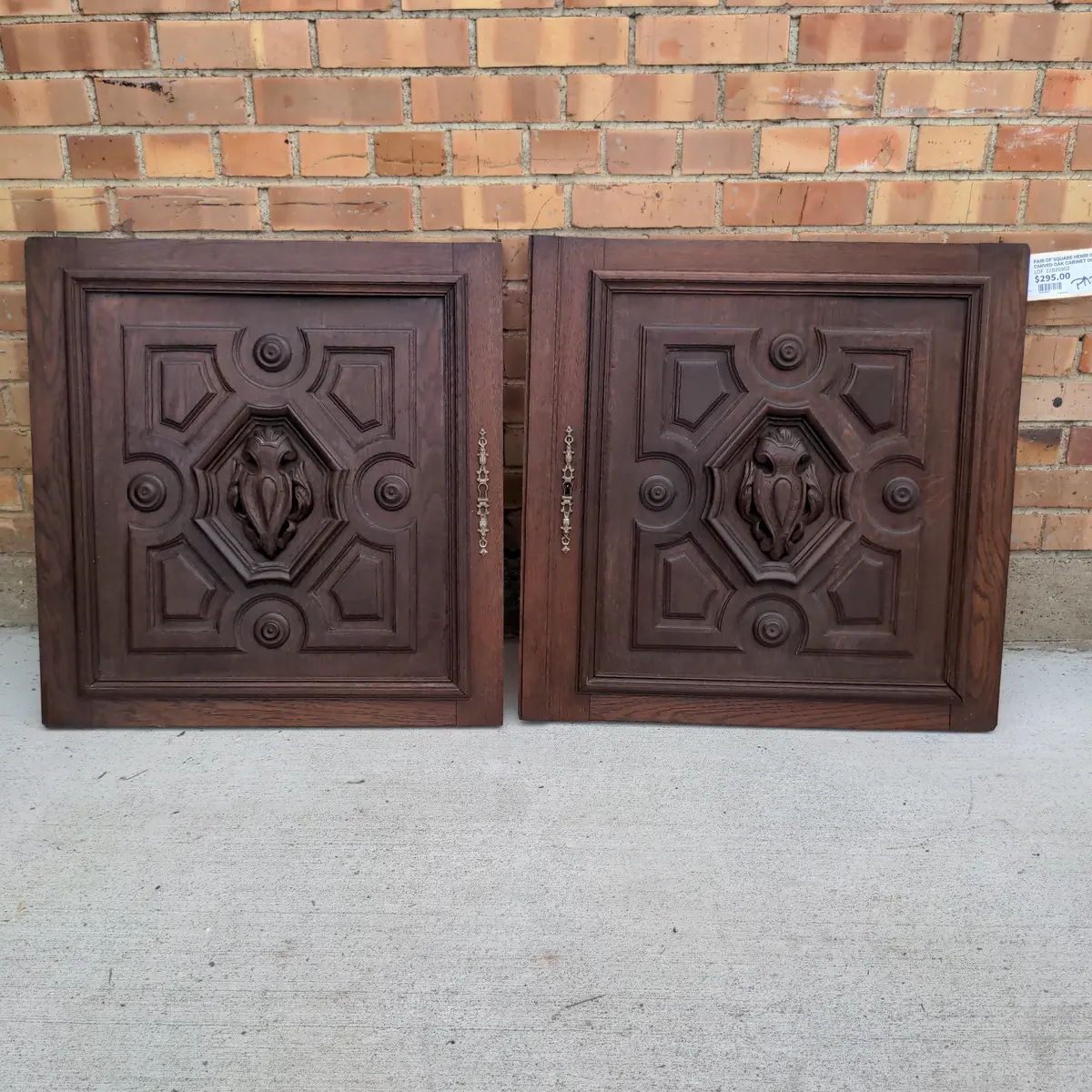 Pair Of Square Henri Ii Carved Oak Cabinet Doors 1