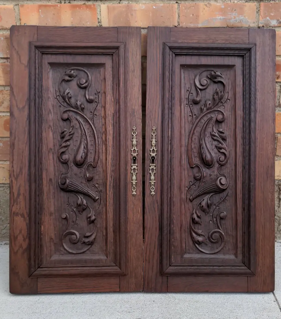 Pair Of Henri Ii Carved Oak Hunt Scene Narrow Cabinet Doors 1