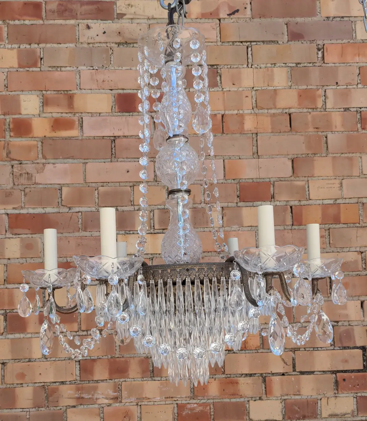 Glass & Metal Chandelier With Prisms And Six Lights 1