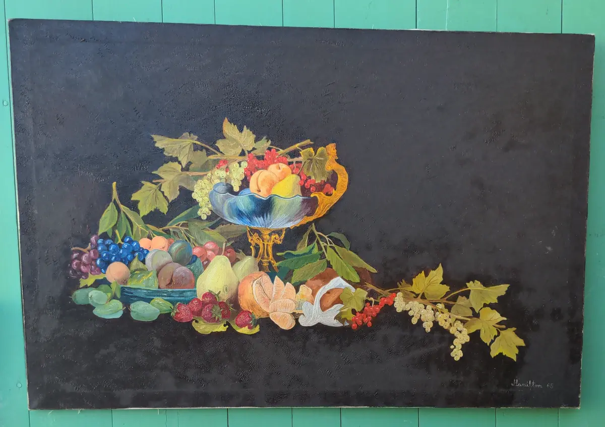 Golden Framed Fruit Still Life On Van Dyke Brown Sgned Hamilton '65 1