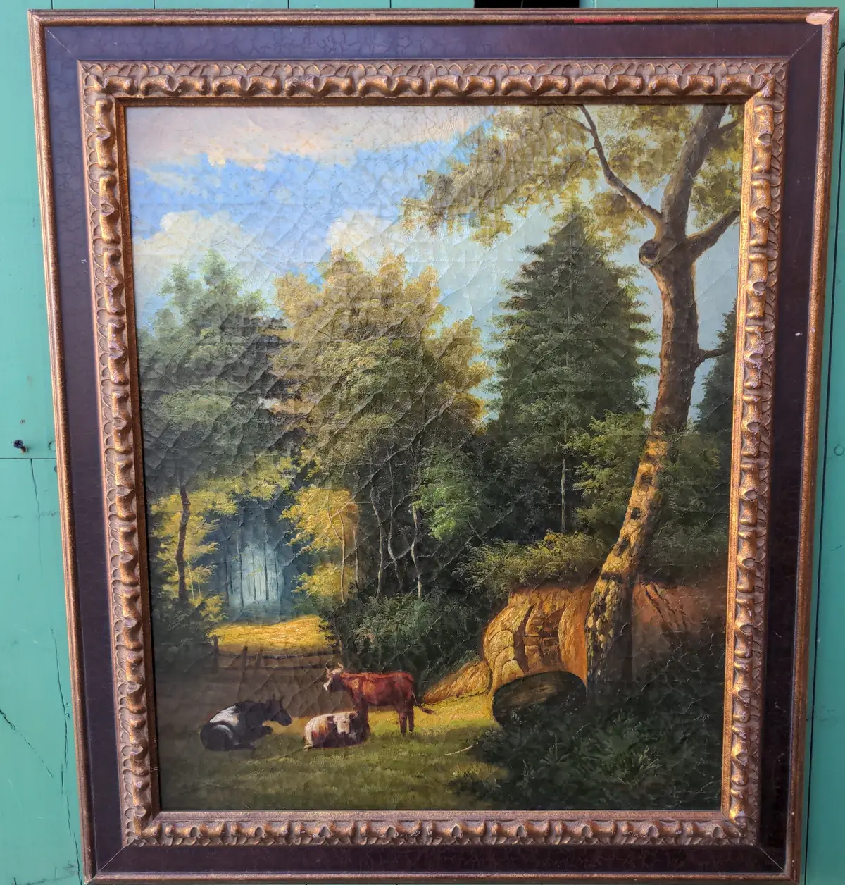 Framed Rustic Painting With 3 Cows 1