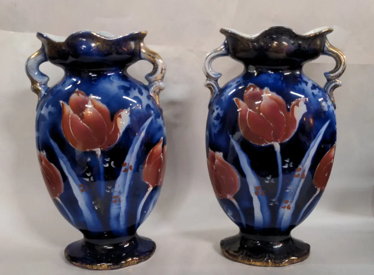 Pair Of 1920'S Cobalt Floral Vases 1