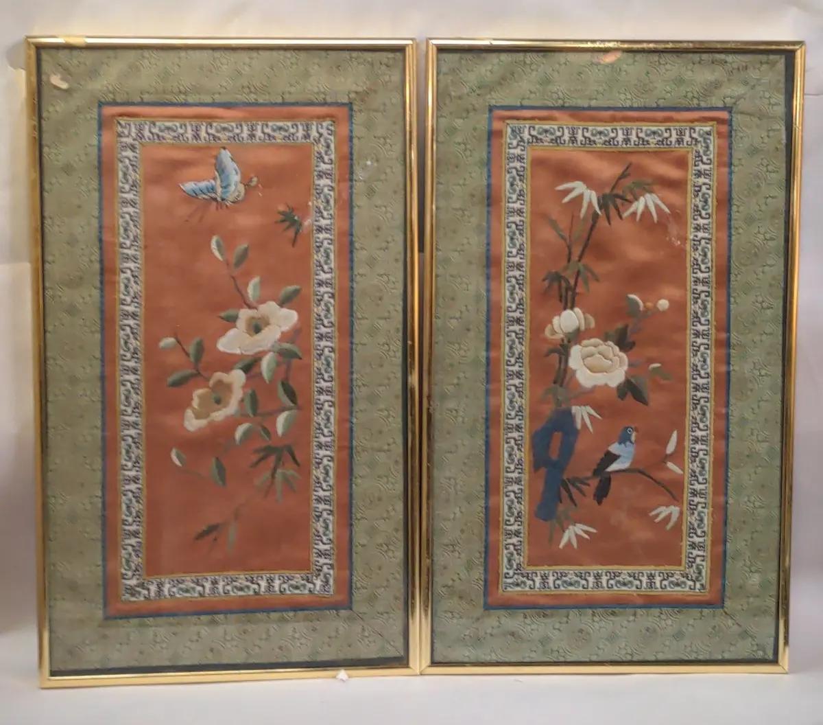 Pair Of Bird And Butterfly Silk Embroideries Framed 1