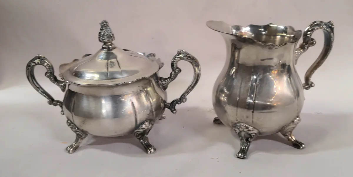 Fancy Silver Plate Cream And Sugar Bowl 1