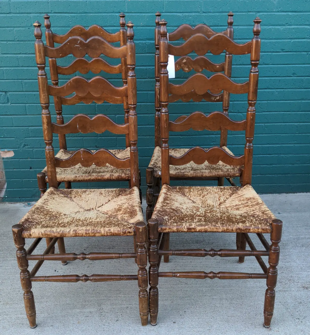 Set Of Four As Found Ladder Back Rush Seat Chairs 1