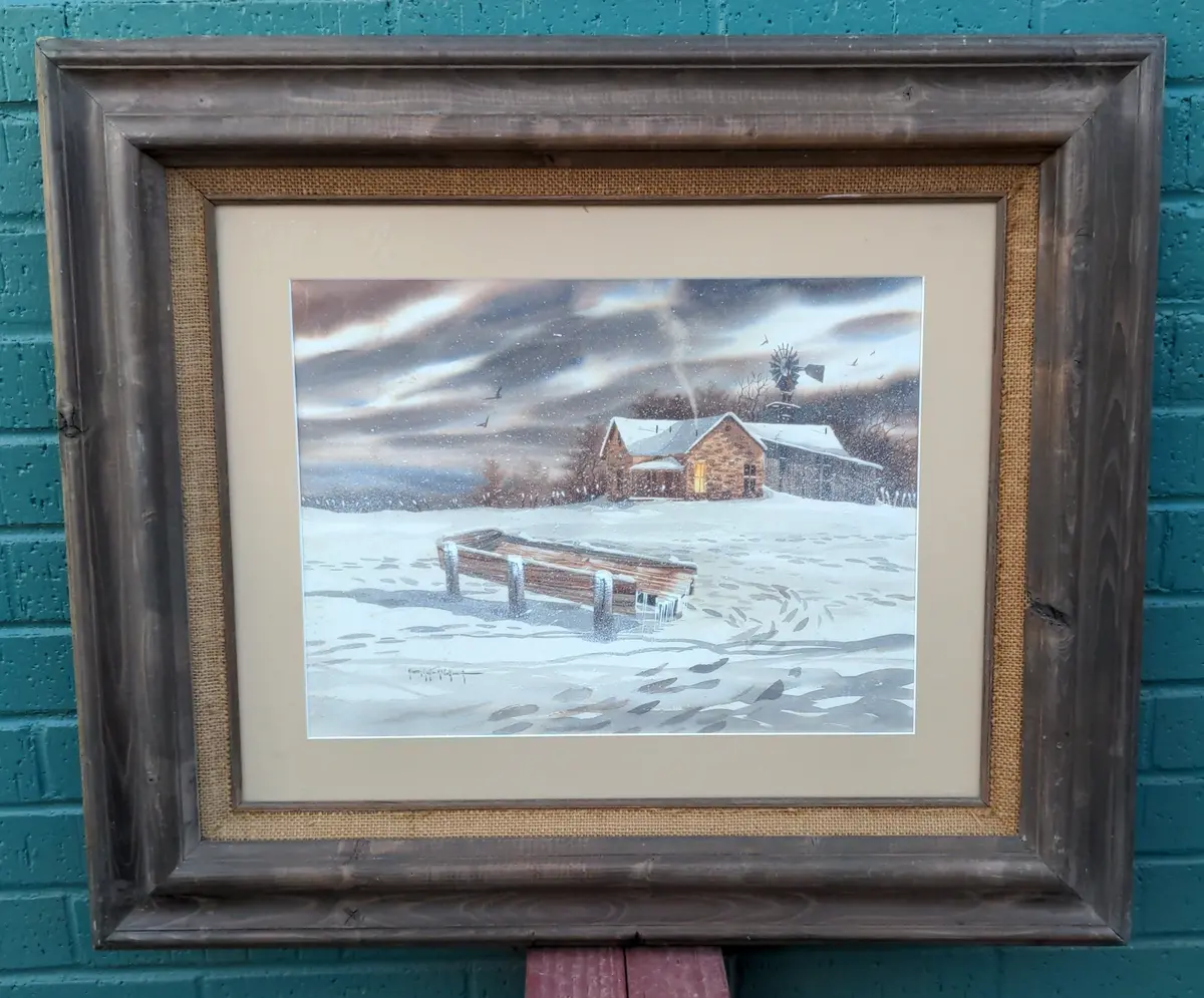 Signed Watercolor Cabin In Snow 1