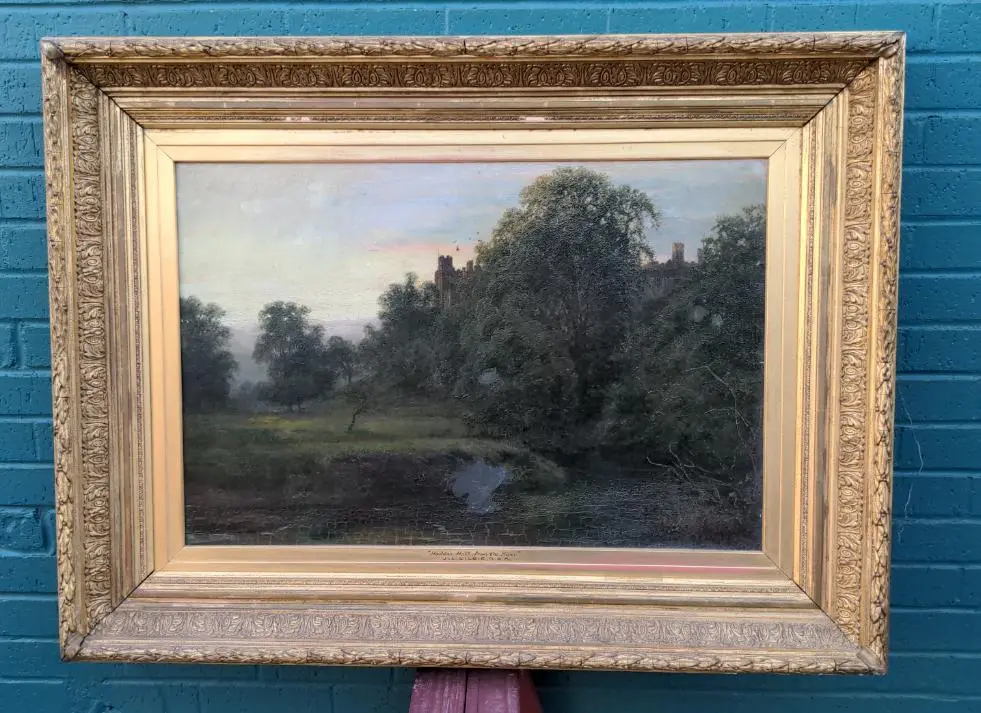 Large 19Th Century Castle Oil Painting In Ornate Frame 1