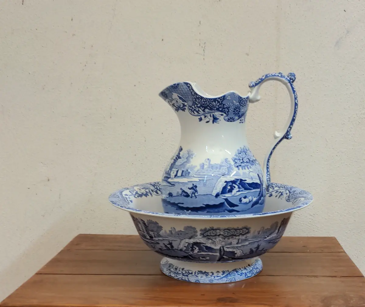 Vintage Blue And White Spode Pitcher And Wash Bowl 1