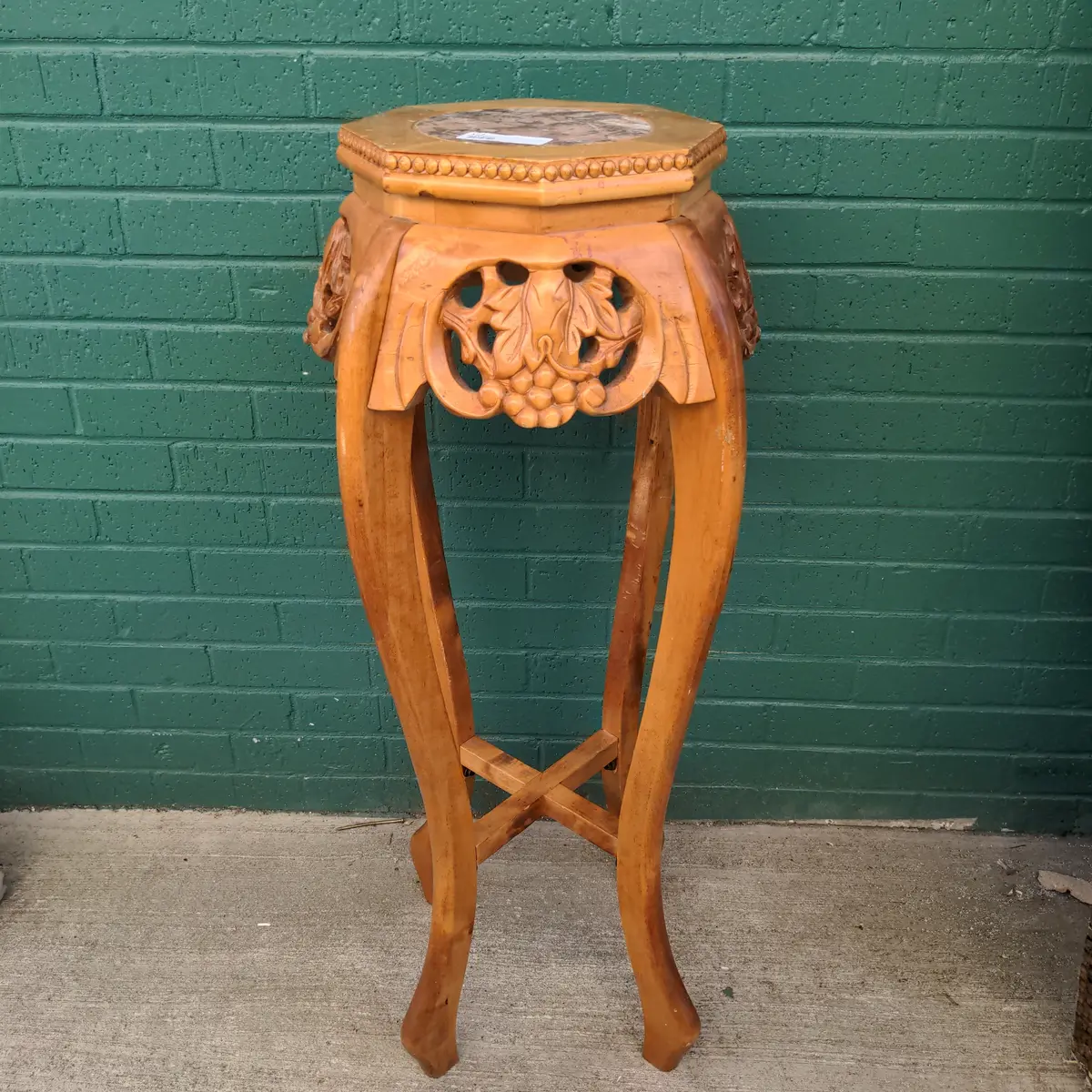 Tall Carved Asian Lightwood Marble Top Stand 1