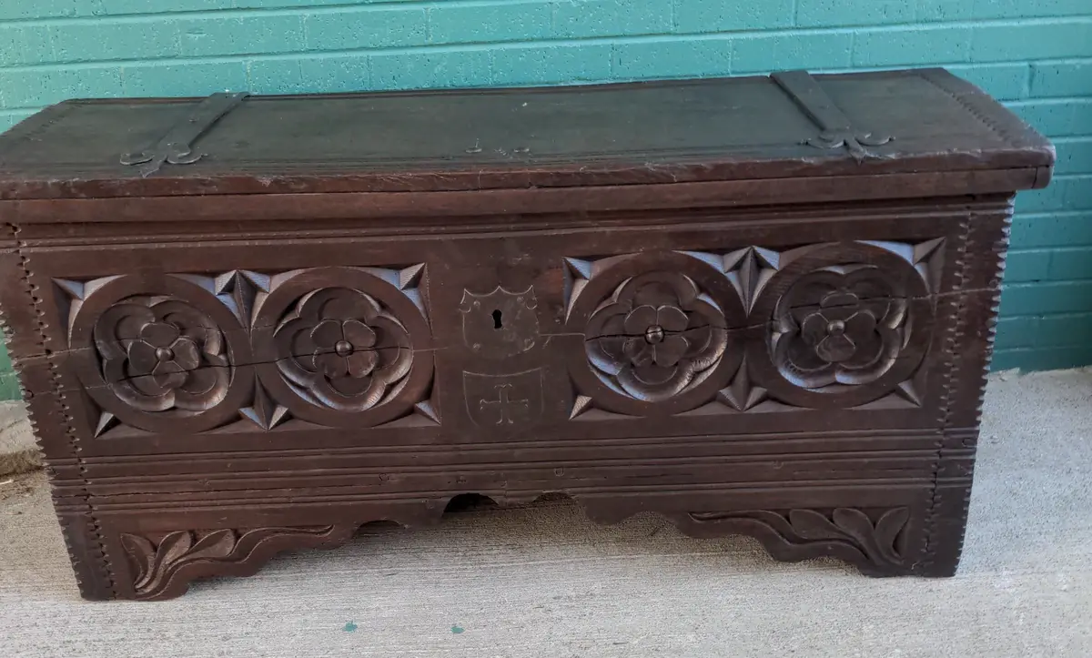 18Th Century Oak Foliate Carved Coffer With Strap Hinges-Restored 1