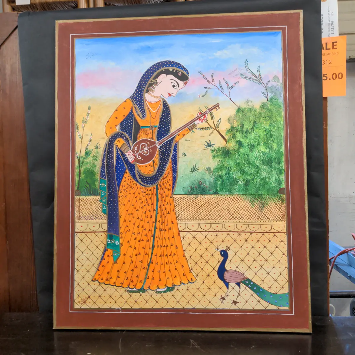 Artist Signed Indian Painting Of Woman Playing Instruments 1