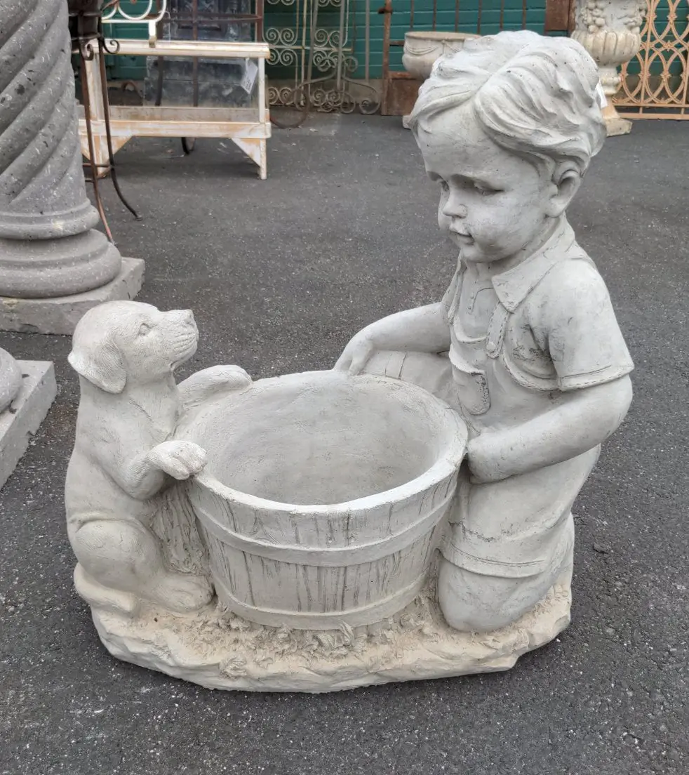 Concrete Boy With Dog Planter 1
