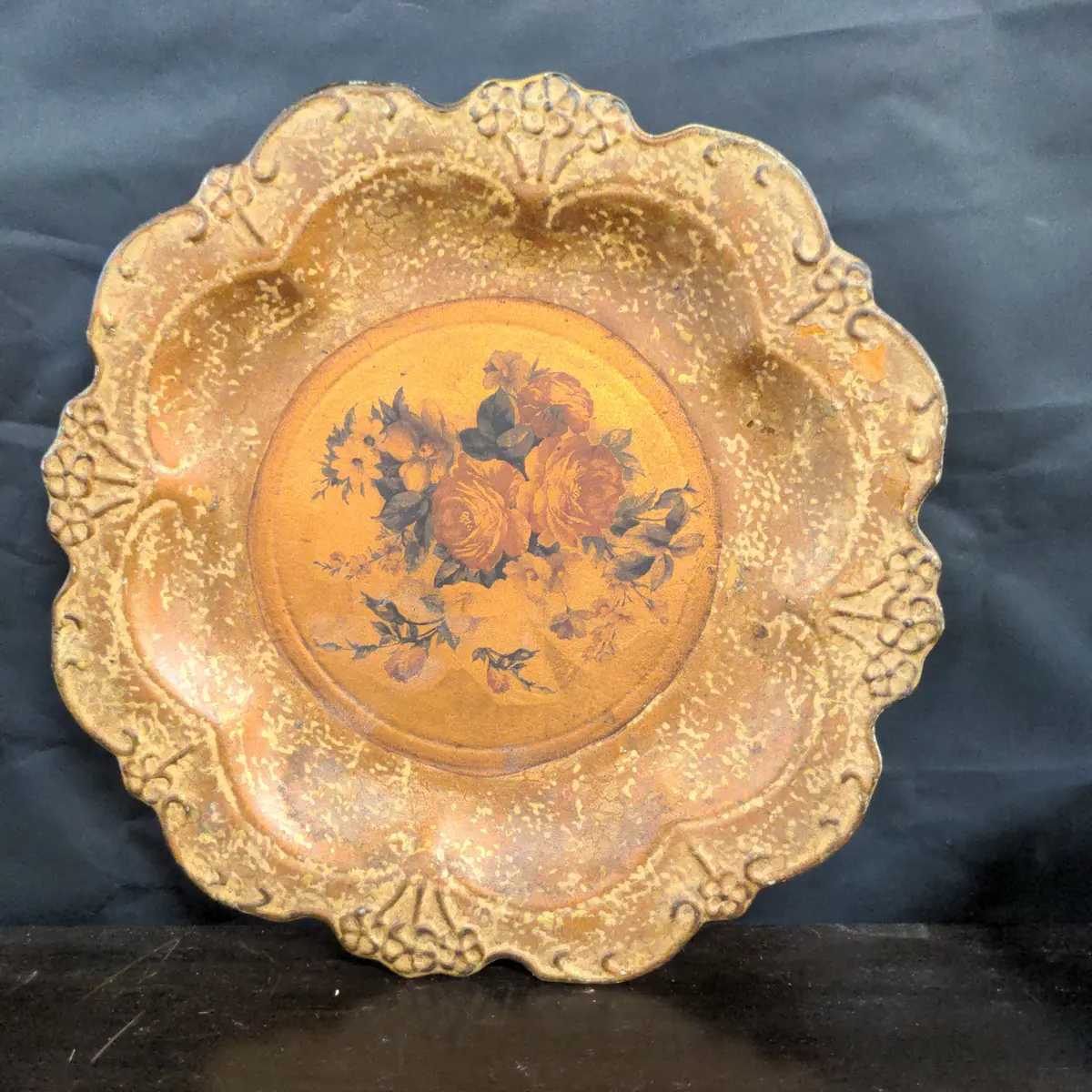 Vintage 1970'S Pottery Gold Platter With Roses 1