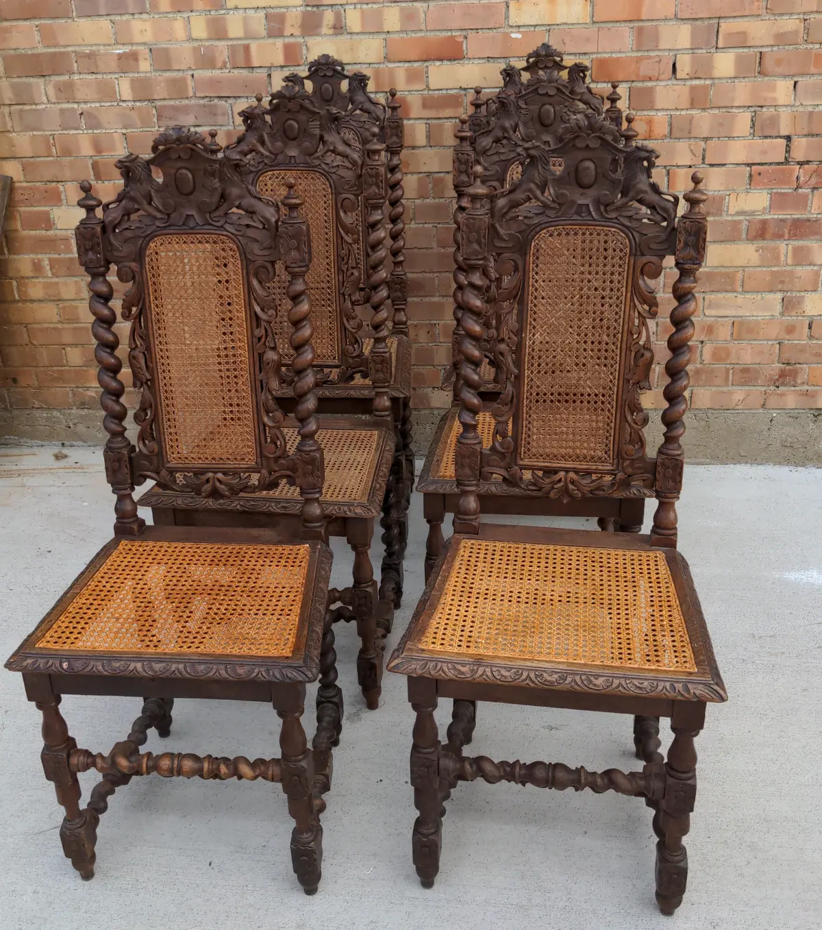 Set Of Six Oak Barley Twist Chairs With Lions And Caning As Is 1