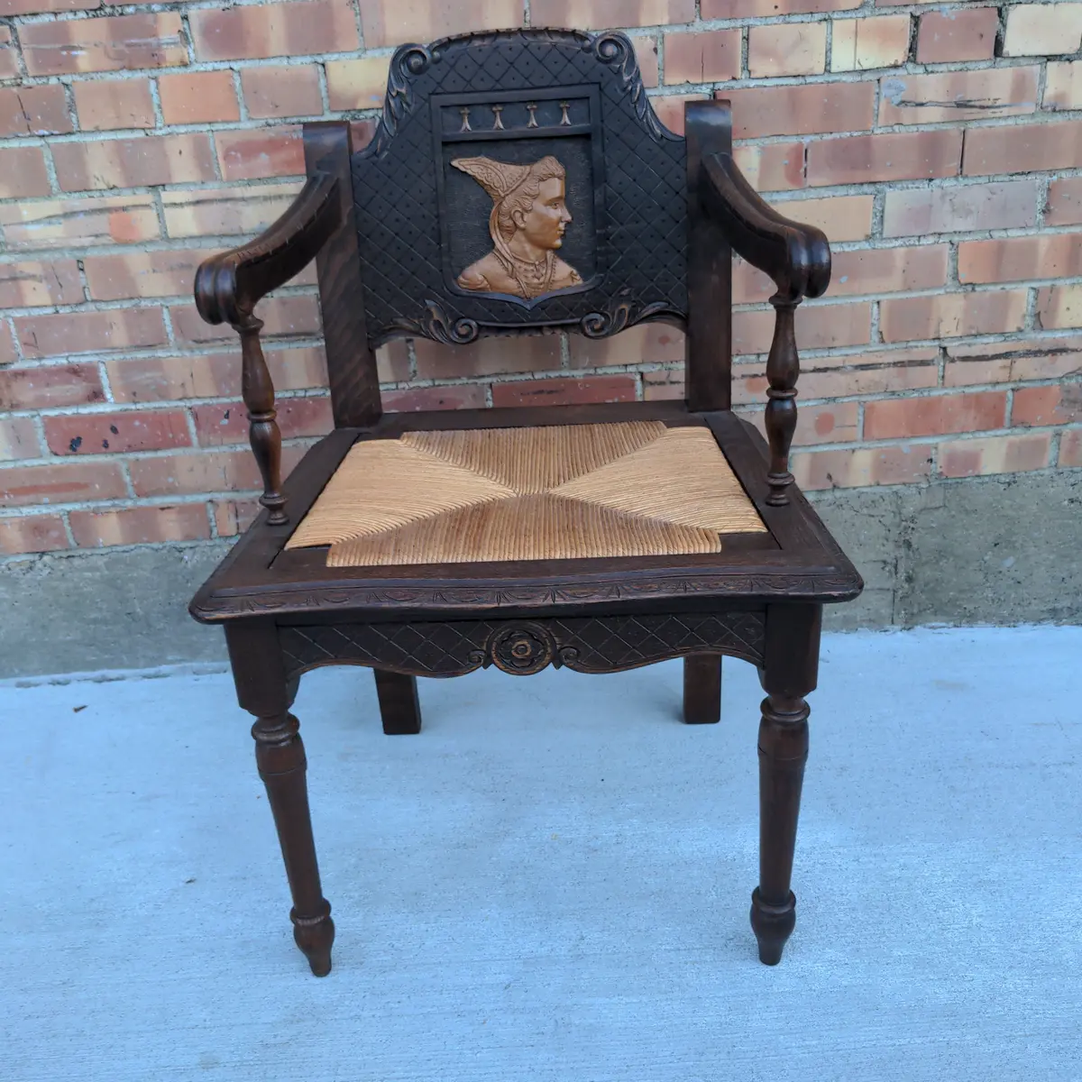 French Breton Portrait Carved Oak Arm Chair 1