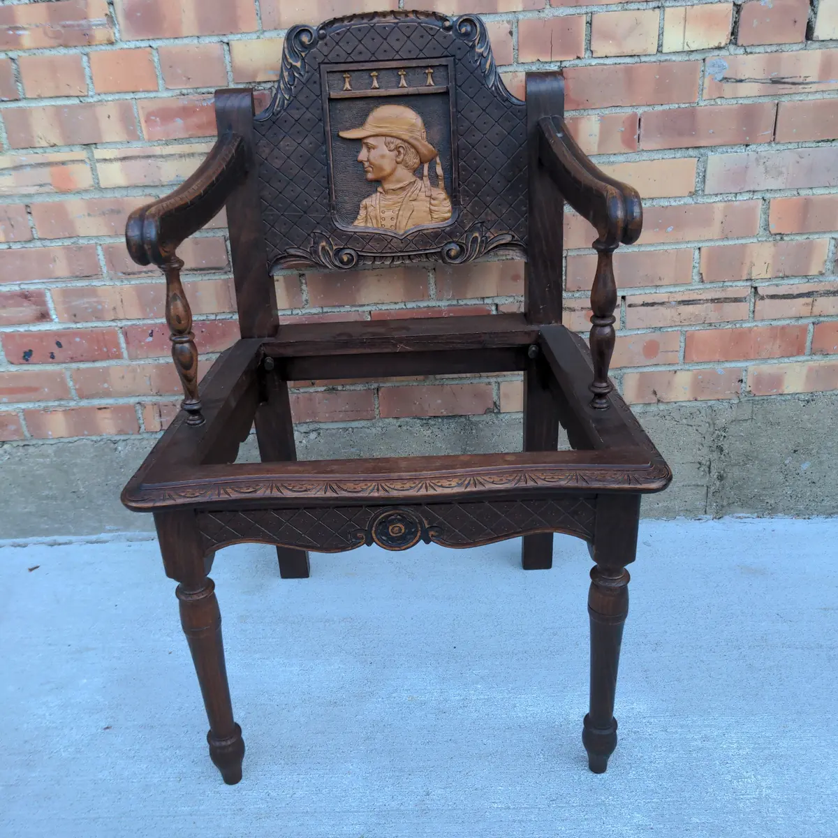 French Breton Portrait Carved Oak Arm Chair 1