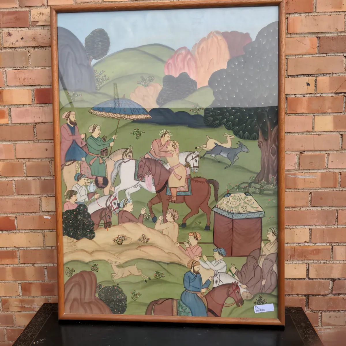 Large East Indian Painting Of Men, Horses And Deer 1