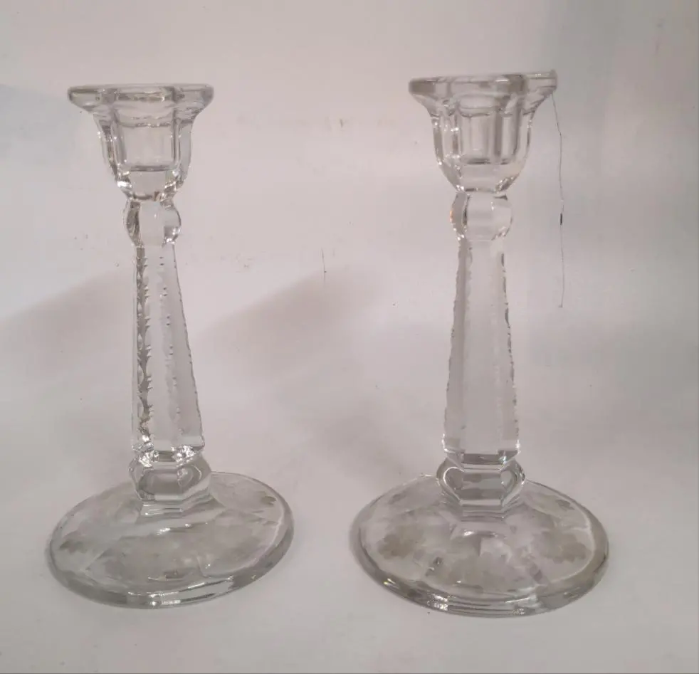 Pair Of Floral Etched Glass Candle Stands 1