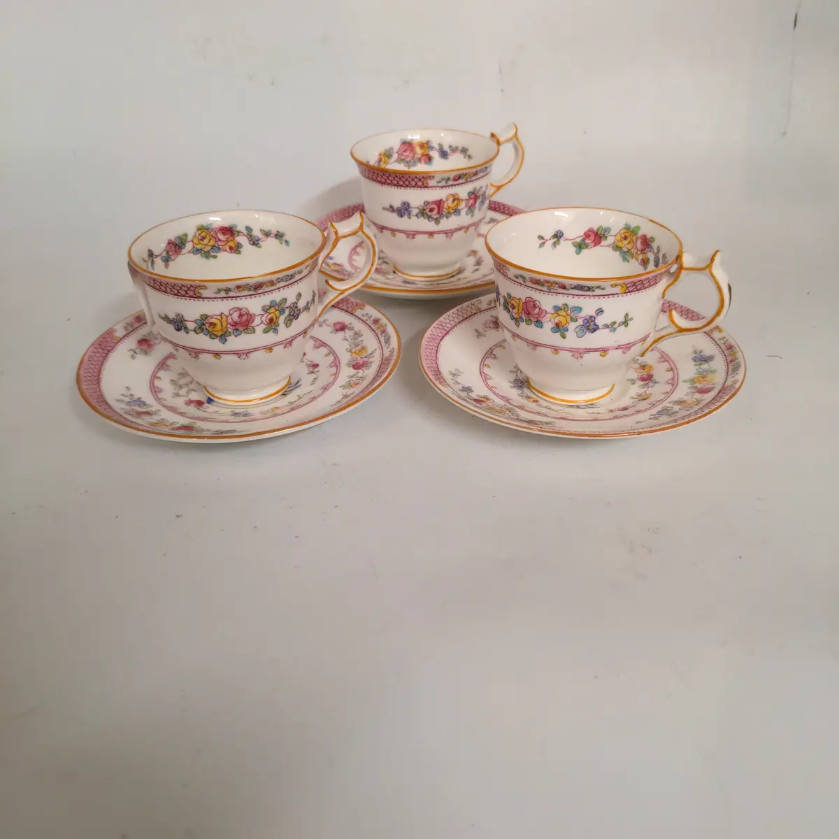 Set Of Three English Hand Painted Porcelain Cups & Saucers 1