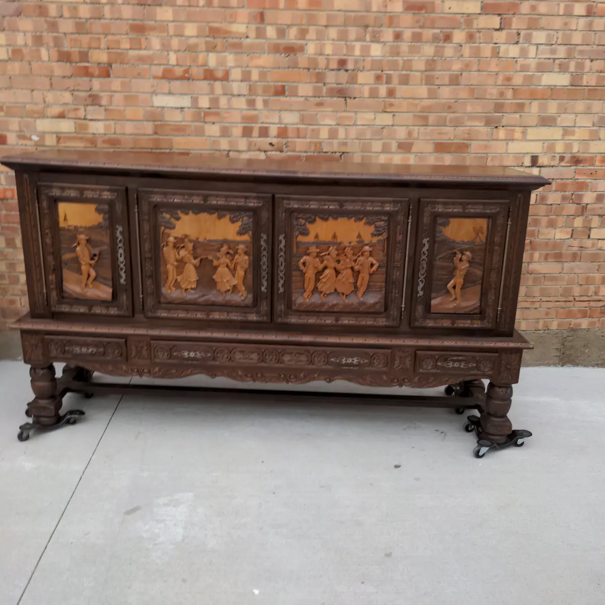 French Breton Figural Carved Oak Sideboard With Parquetry Top 1