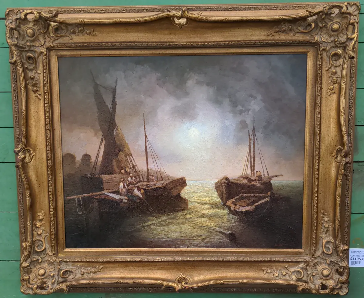 Fancy Pierced Gold Framed Oil Painting Of Boats At Dock With Men Fishing 1