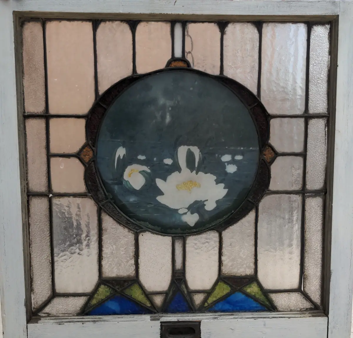 Stained Glass Window With Hand Painted Lily Scene As Found 1