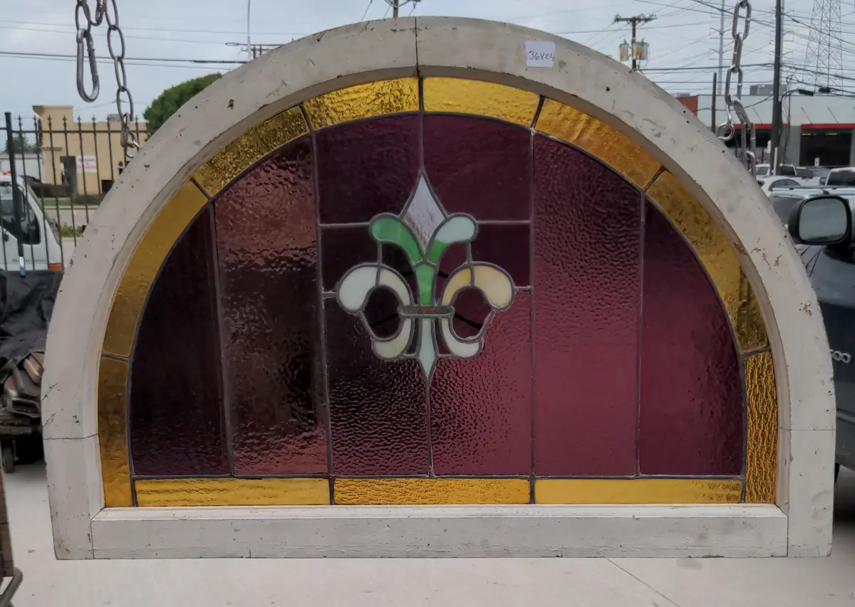 Arched Stained Glass Window With Red And Gold Glass And Fleur De Lis 1
