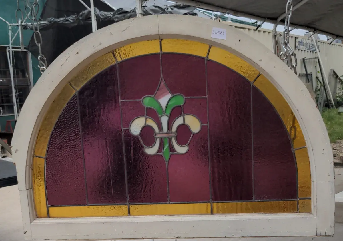 Arched Stained Glass Window With Red And Gold Glass And Fleur De Lis 1