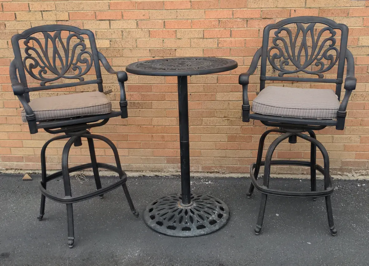 Tall Black Aluminum Bar Table & Pair Of Chairs 1