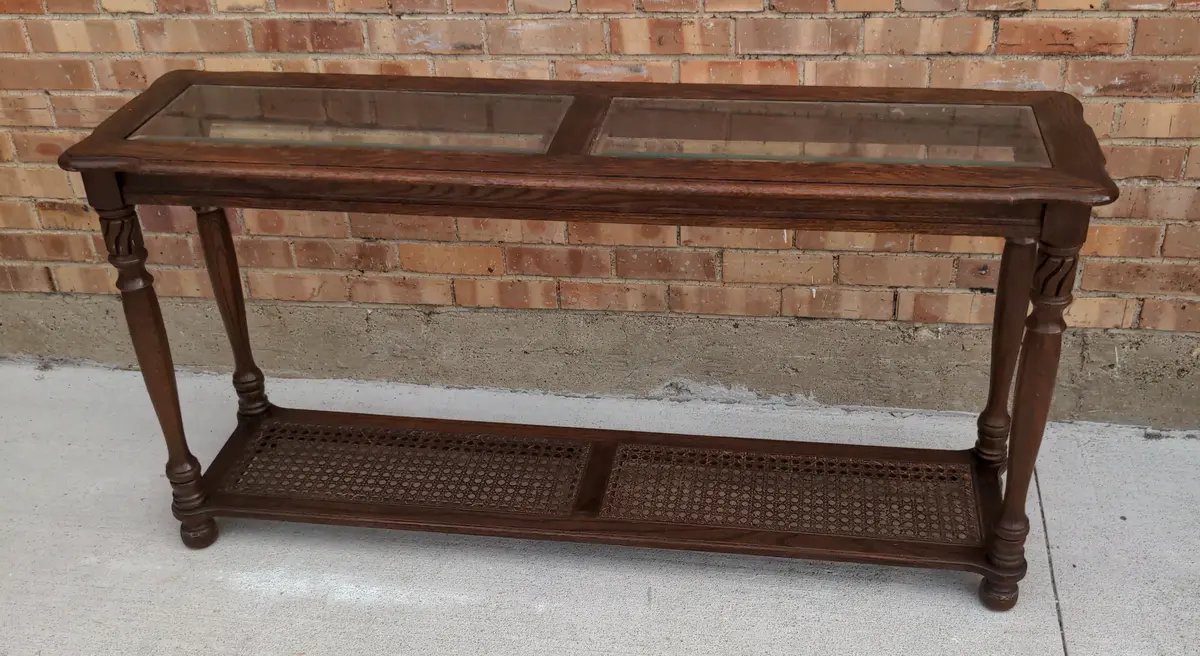 Vintage Glass Top Oak Console Table 1