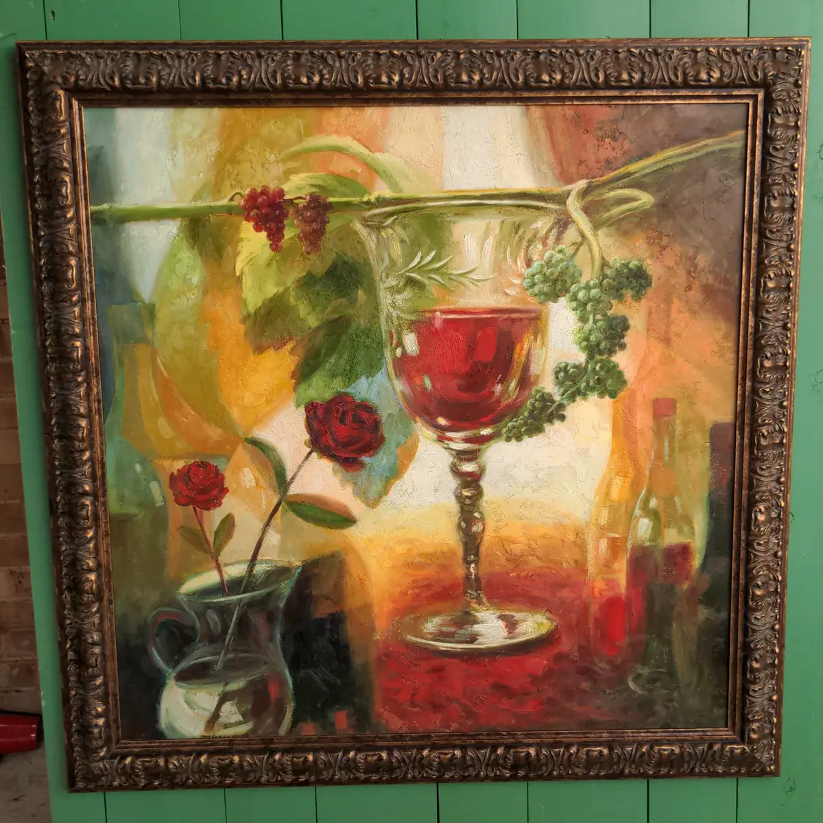 Oil Painting Still Life Of Wine Glass & Rose 1